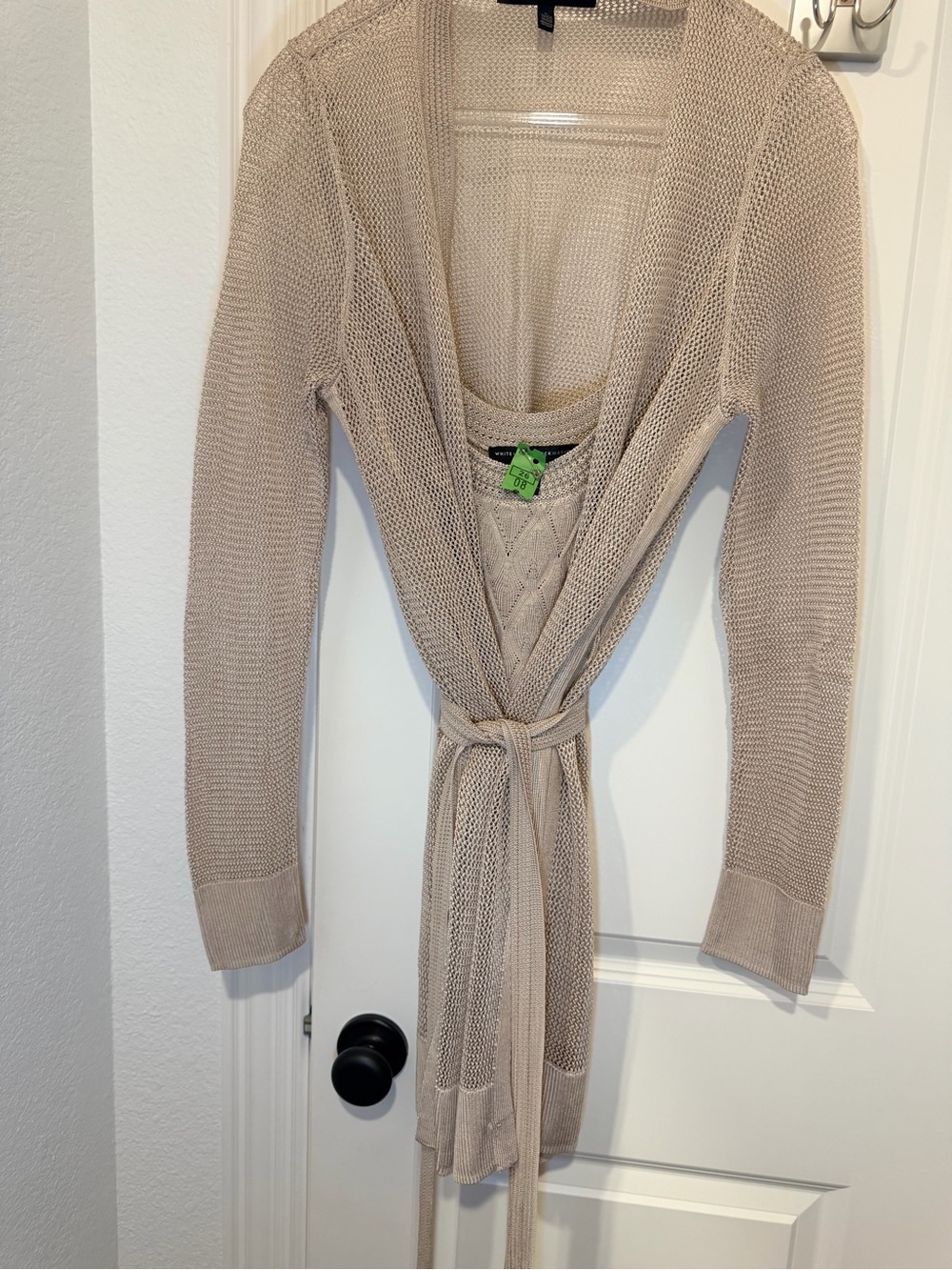 White House Black Market Beige Open-Knit Tie-Waist Cardigan